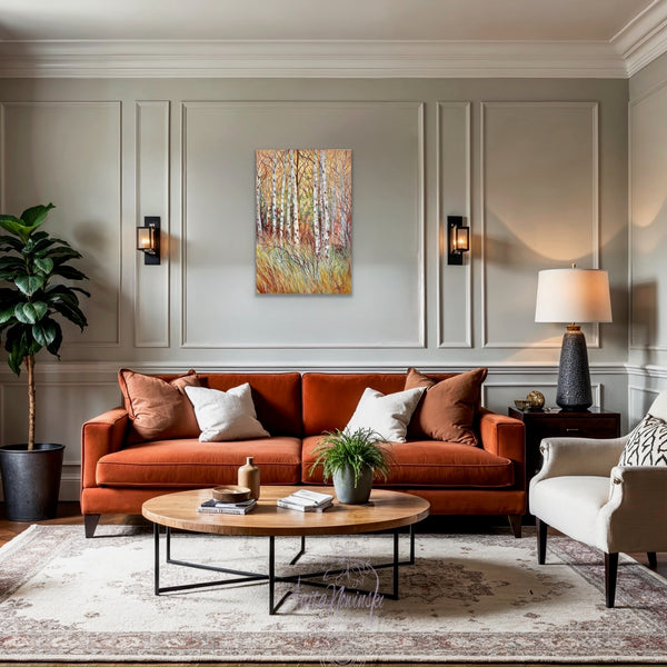 Winter Birch- original landscape oil painting of silver birch trees in winter in tones of peach, amber, tutquoise and pink by anita nowinska