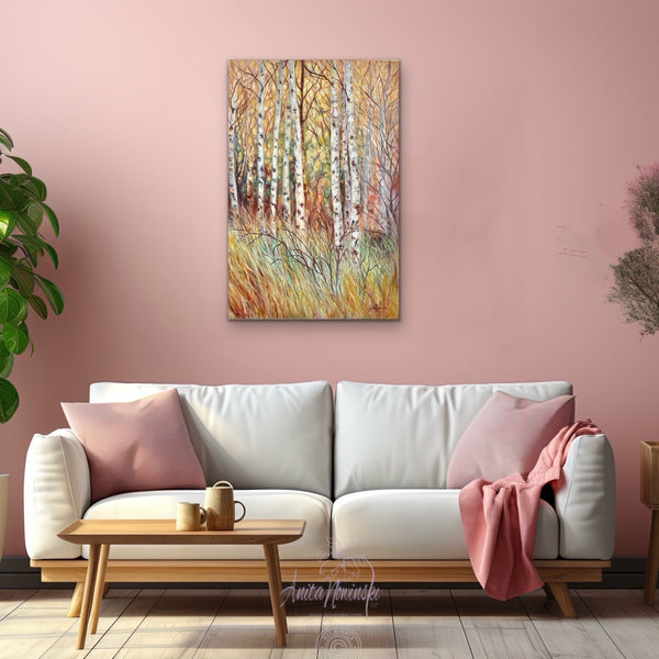 Living room with a white sofa, wooden coffee table, and a painting of autumn trees on a pink wall.
