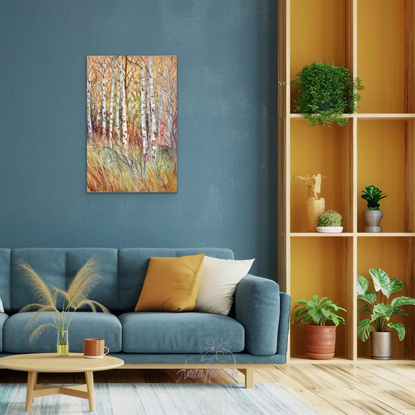 Winter Birch- original landscape oil painting of silver birch trees in winter in tones of peach, amber, tutquoise and pink by anita nowinska