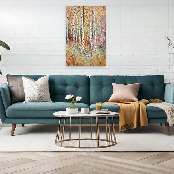 Winter Birch- original landscape oil painting of silver birch trees in winter in tones of peach, amber, tutquoise and pink by anita nowinska

