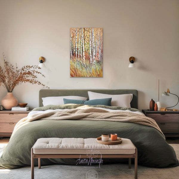 Winter Birch- original landscape oil painting of silver birch trees in winter in tones of peach, amber, tutquoise and pink by anita nowinska