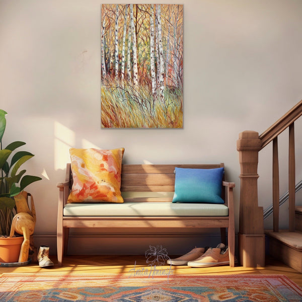 Winter Birch- original landscape oil painting of silver birch trees in winter in tones of peach, amber, tutquoise and pink by anita nowinska