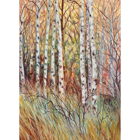 Winter Birch- original landscape oil painting of silver birch trees in winter in tones of peach, amber, tutquoise and pink by anita nowinska.JPG