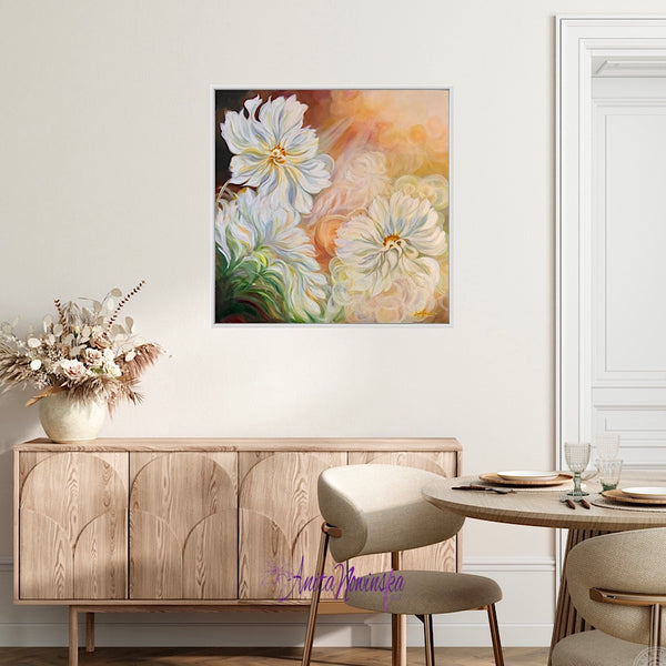 Sun lit white cosmos big flower painting by anita nowinska with dappled sunlight bokeh in dining room interior decor
