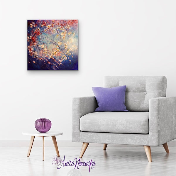 believe fine art print of cherry blossom on a blue and navy background by anita nowinska
