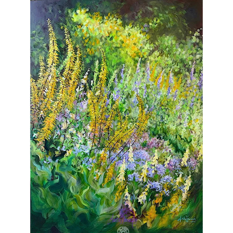 fine art print of Unbound is a big oil painting on canvas of an overflowing garden border full of yellow ligularia purple aconite and green by anita nowinska