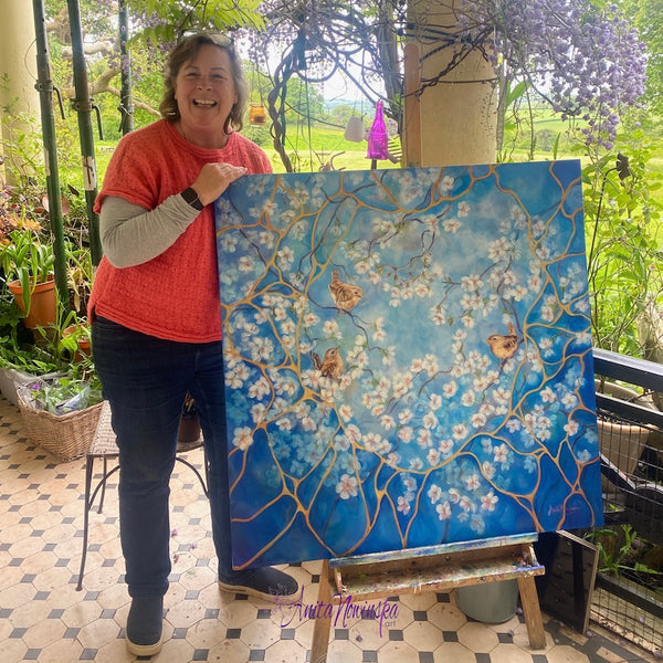 big floral canvas painting of cherry blossom with wrens and kintsugi on a blue sky by anita Nowinska
