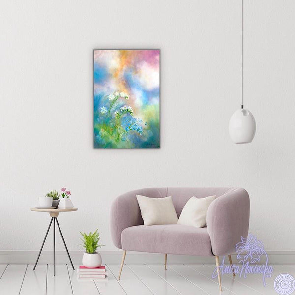 blue, pink & peach flower painting with forget me nots by anita nowinska