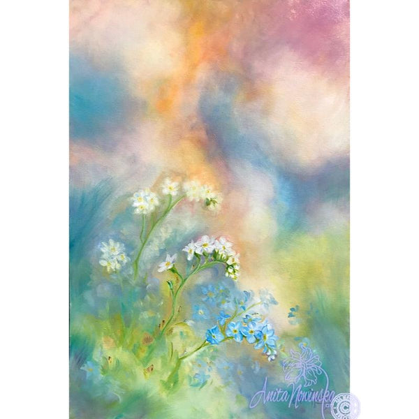 blue, pink & peach flower painting with forget me nots by anita nowinska