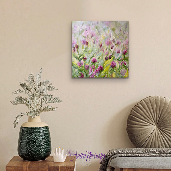 clover wild flower meadow painting by Anita Nowinska small acrylic on canvas