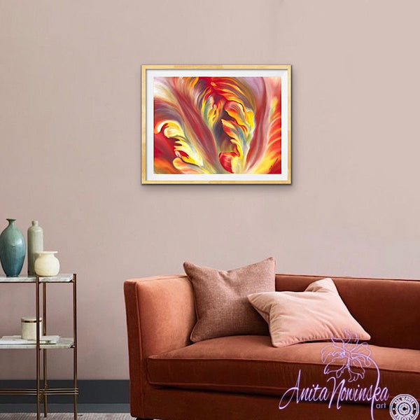 red & yellow parrot tulip flower painting by anita nowinska