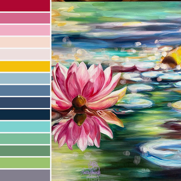 Colour palettePerspicacity- Original painting of a bright pink waterlily on a colourful pond with lily pads & water by Anita Nowinska