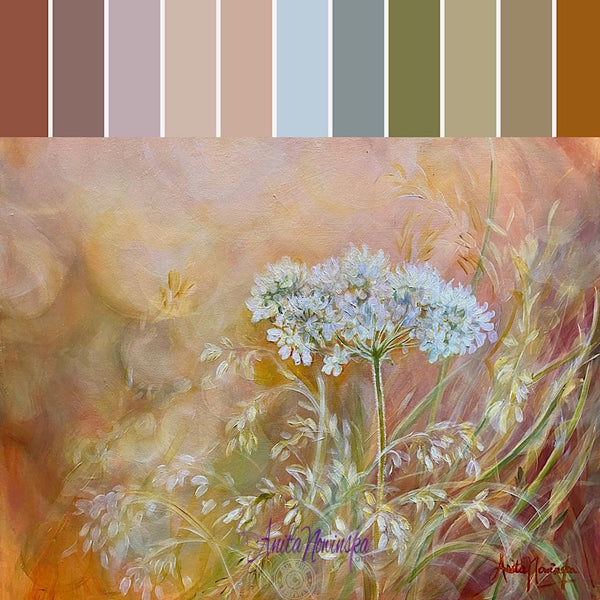 colour palette of wild flower meadow painting by anita nowinska with cow parsley at golden hour