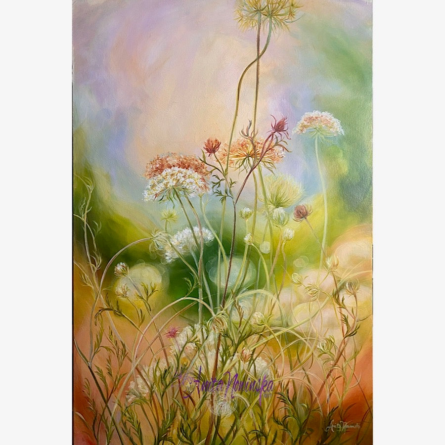wild flower meadow painting of cow parsley against a dreamy sky. tones of blue green and amber art for well being by anita nowinska
