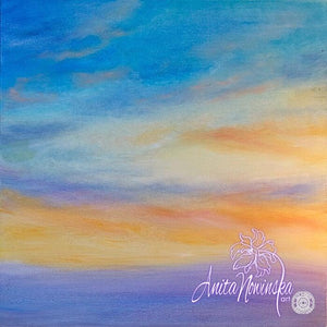Blue Lilac & yellow sunrise sky painting by Anita Nowinska