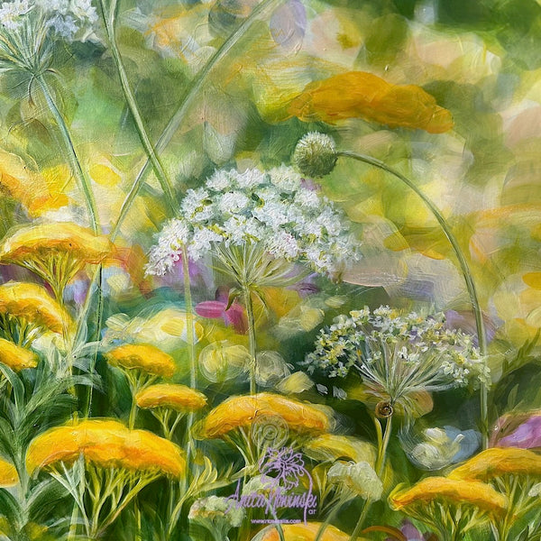 Artistic depiction of yellow flowers and green leaves with a signature at the bottom right corner.