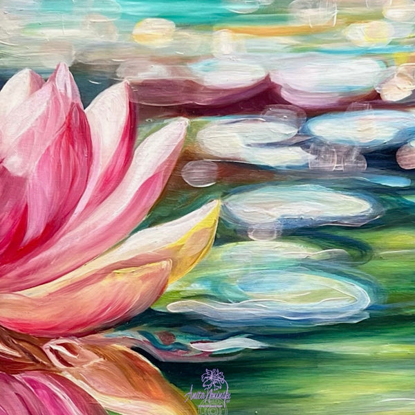 Perspicacity- Original painting of a bright pink waterlily on a colourful pond with lily pads & water by Anita Nowinska.JPEG