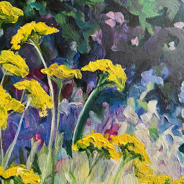 detail of small original framed oil painting of achilea yellow yarrow aganst a dappled navy green and pink background
