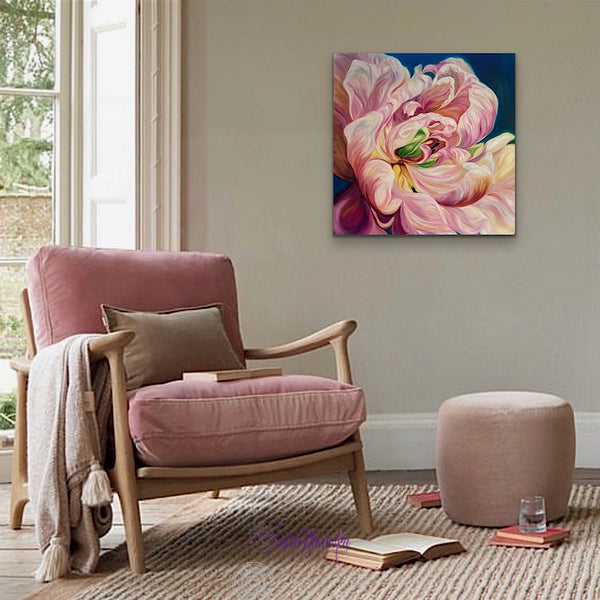 fine art canvas print of la belle epoque tulip big flower painting by anita nowinska with pink peach and gold tones on a teal background.jpg
