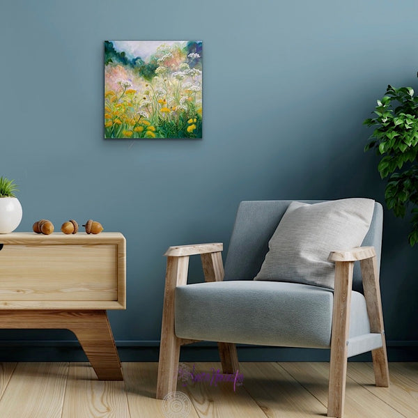 framed fine art print of replenish a wild flower garden painting by anita nowinska in yellow white blue and green tones of cow parsley and achillea
