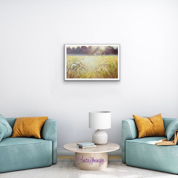 framed fine art print of Quiessence a sunlit meadow painting with cpw parsley and dappled light art for wellbeing by anita nowinska