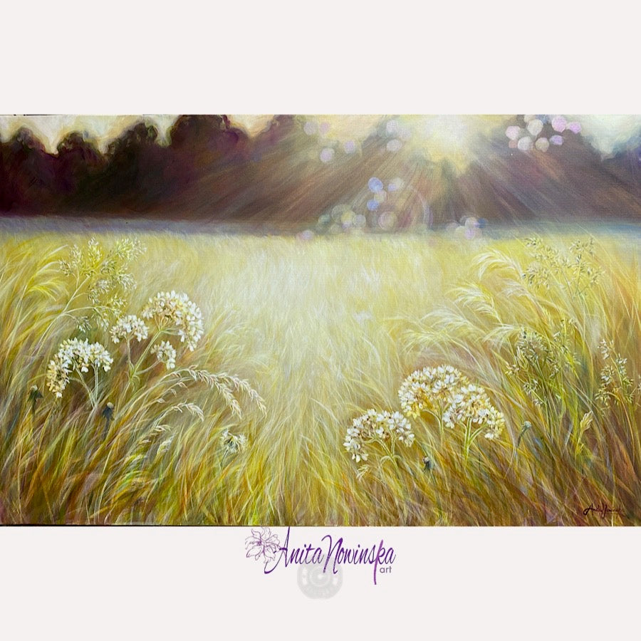 framed fine art print of Quiessence a sunlit meadow painting with cpw parsley and dappled light art for wellbeing by anita nowinska.JPEG