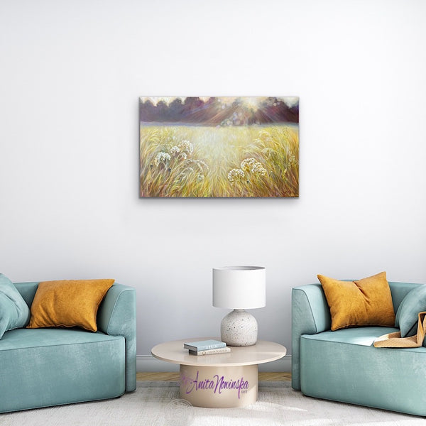 canvas fine art print of Quiessence a sunlit meadow painting with cpw parsley and dappled light art for wellbeing by anita nowinska