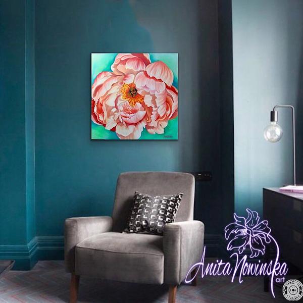 interior decor with flower painting of peach peony by Anita Nowinska