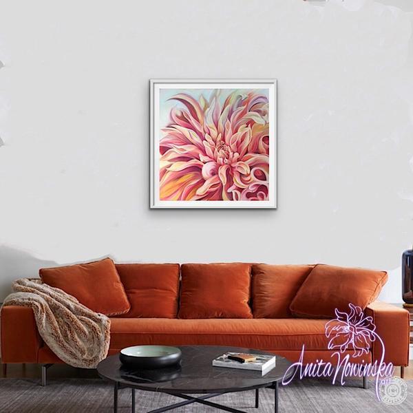 framed limited edition print of peach labyrinth dahlia by Anita Nowinska living room decor