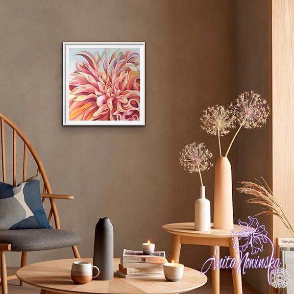 dining room decor with peach dahlia floral painting by Anita Nowinska
