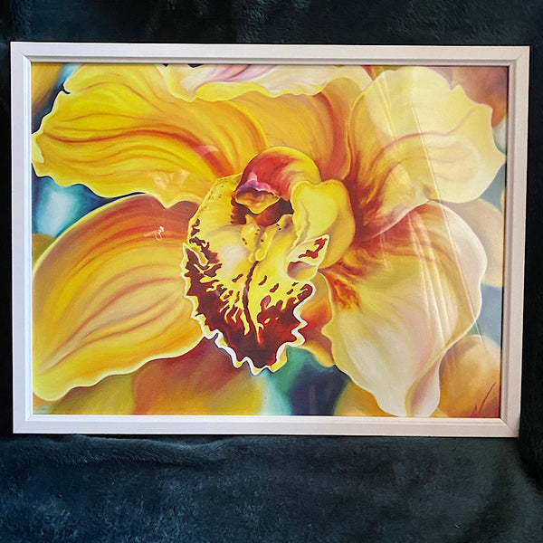 framed a3 print of golden orchid from big flower painting by anita nowinska