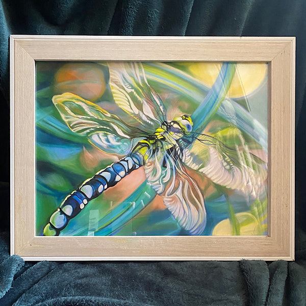 framed print of big dragonfly painting by anita nowinska with turquoise green and blue