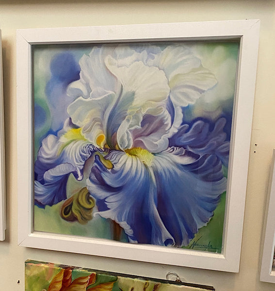 framed print of pale blue and white iris flower painting by anita nowinska
