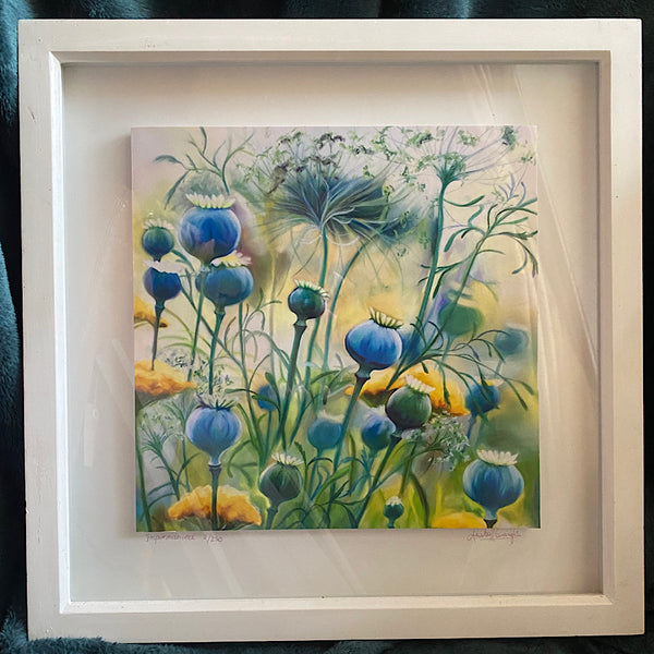 framed print of poppy heads and cow parsley in yellow turquoise and blue by anita nowinska