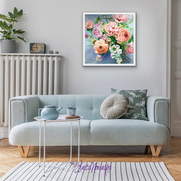 gorgeous floral bouquet painting with peach ranunculus white anemones and pink lisianthus on a bpaleblue background. fine art print by anita nowinska art for well being