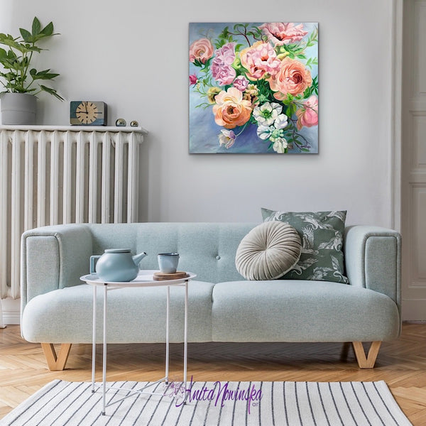 gorgeous floral bouquet painting with peach ranunculus white anemones and pink lisianthus on a bpaleblue background. fine art print by anita nowinska art for well being
