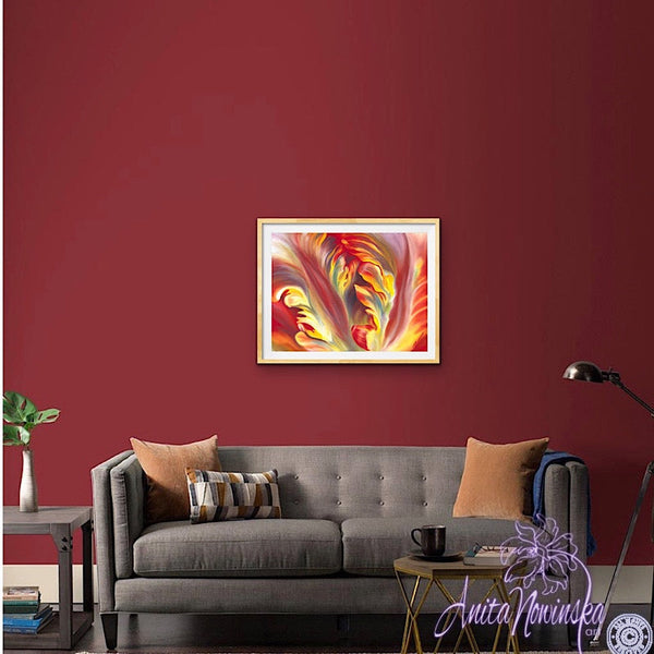 red & yellow parrot tulip flower painting by anita nowinska