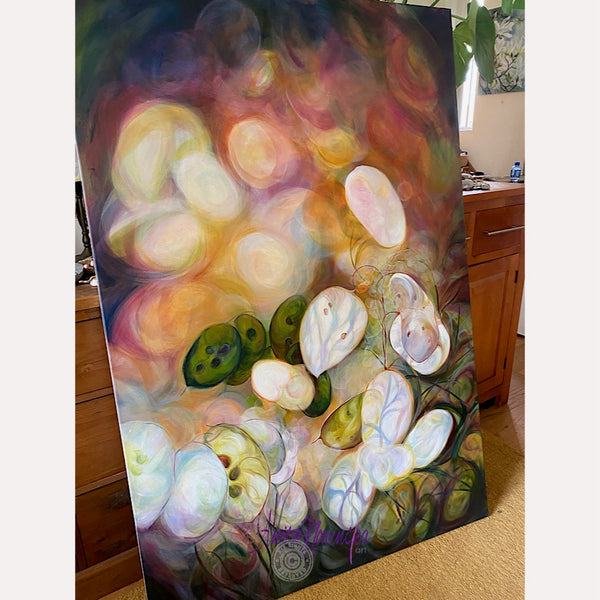 honesty big flower seed head painting on canvas by anita nowinska of glowing seed heads in sunlight with a bokeh bacjground