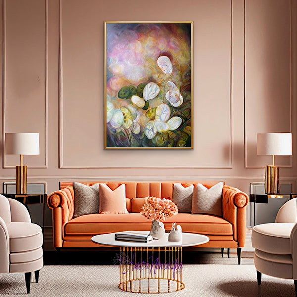 honesty big flower seed head painting on canvas by anita nowinska of glowing seed heads in sunlight with a bokeh bacjground in a peach decor room