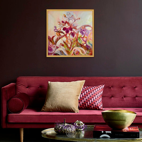 introspection semi abstract flower painting of autumn toned hydrangea by anita nowinska in magenta gold green and burnt orange