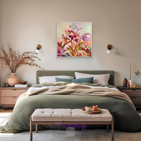 introspection semi abstract flower painting of autumn toned hydrangea by anita nowinska in magenta gold green and burnt orange