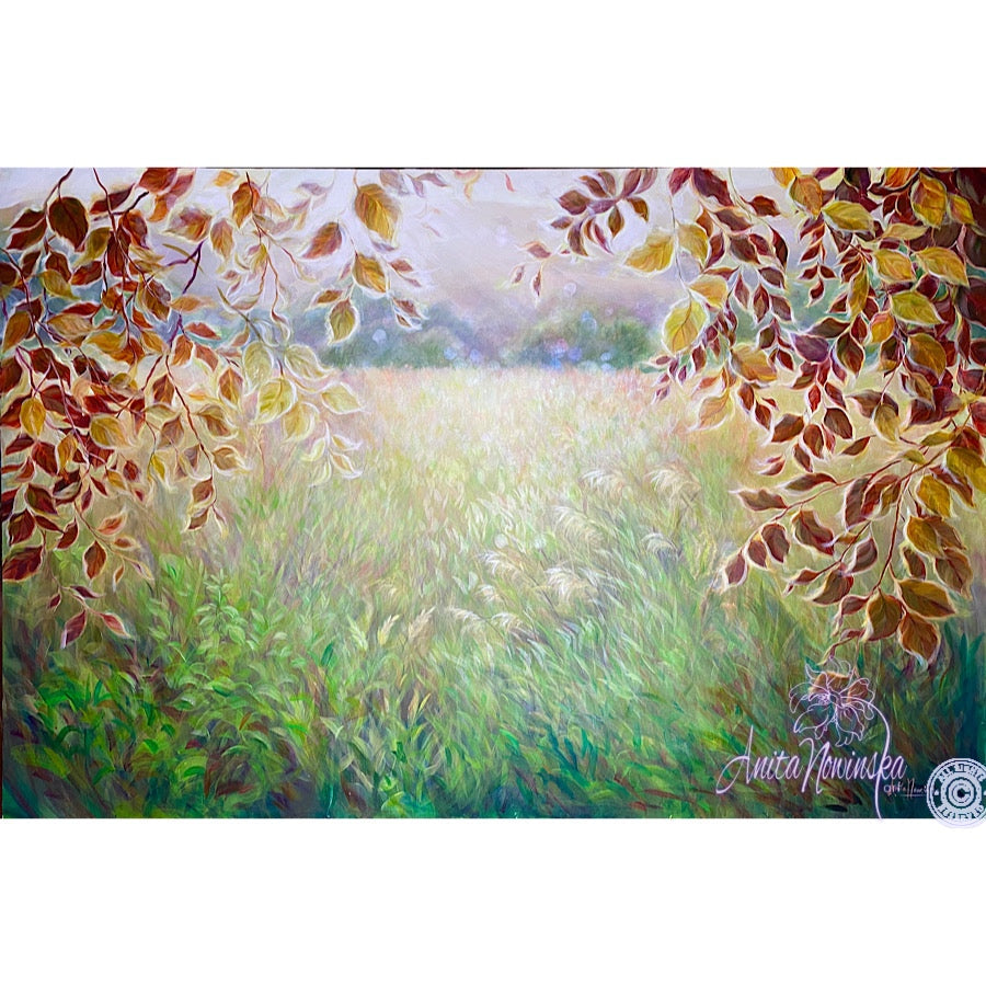 big acrylic on canvas landscape meadow painting witj gold beech leaves by anita nowinska