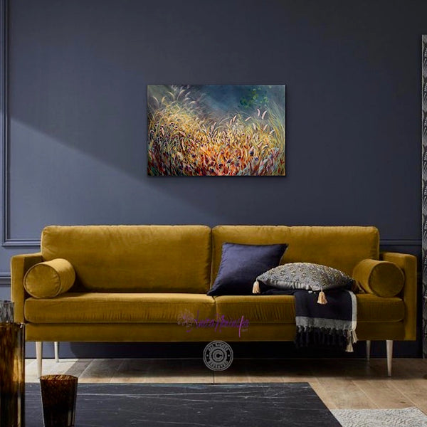 meadow painting of golden grasses and seed heads on a dark teal background by Anita Nowinska
