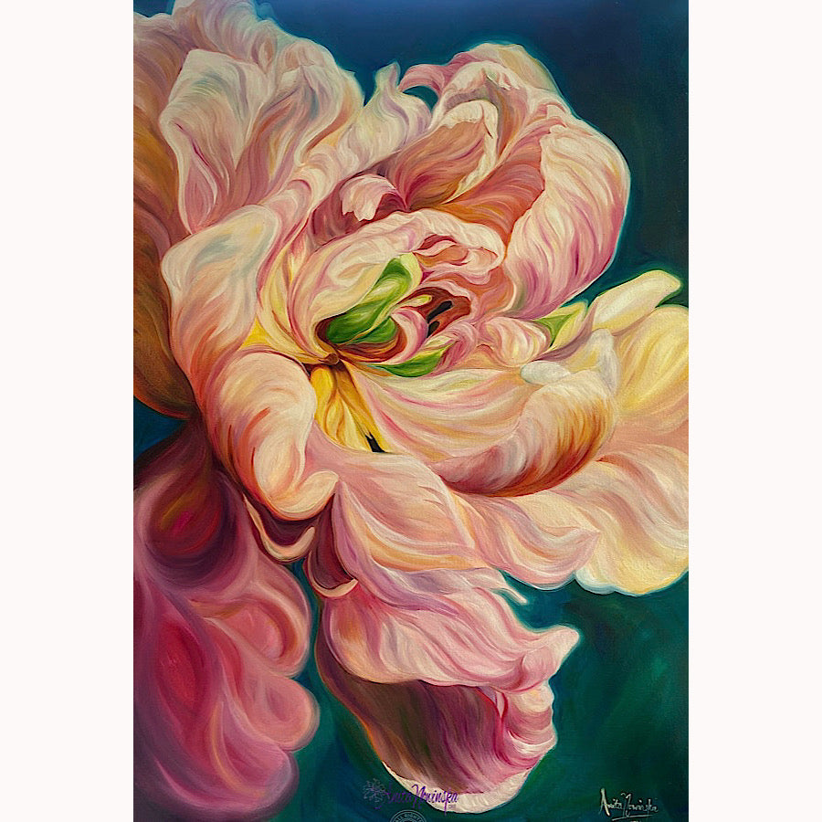beautiful big flower painting of la belle epoque tulip with pink peach and gold tones on a teal background. art for well being by Anita Nowinska