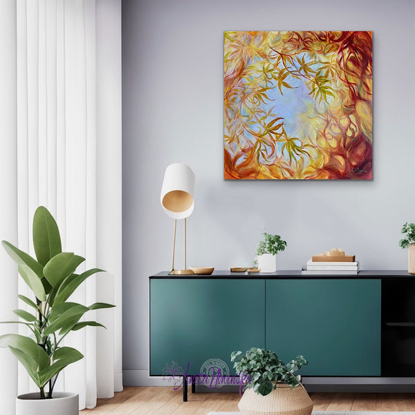 original oil painting of golden acer leaves in autumn by anita nowinska