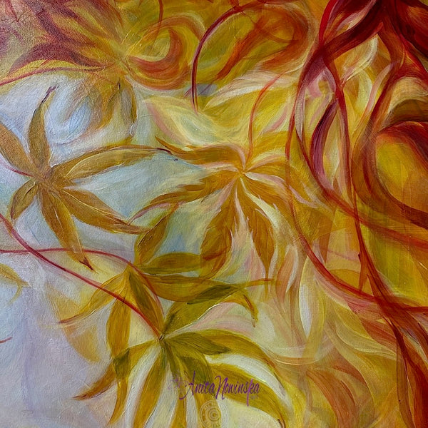 original oil painting of golden acer leaves in autumn by anita nowinska