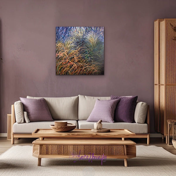original painting of autumn grasses in a wilderness garden by anita nowinska in teal dark blue navy and green in lilac livingg room interior decor