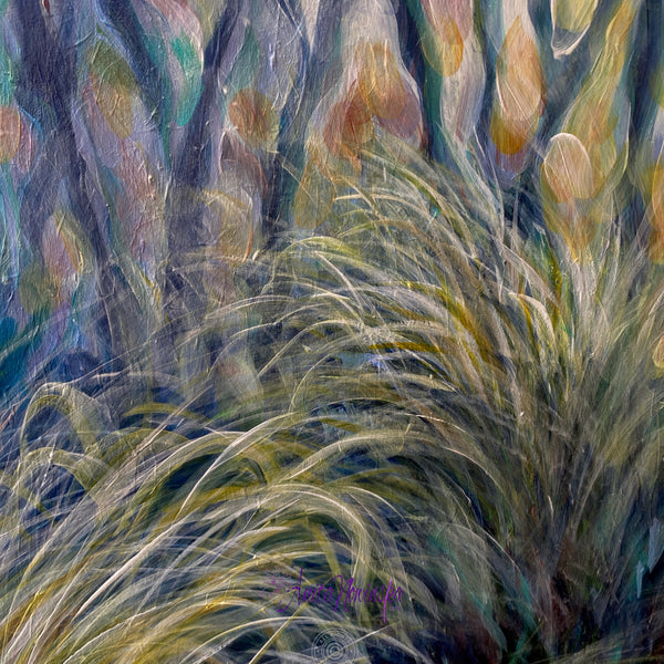 original painting of autumn grasses in a wilderness garden by anita nowinska in teal dark blue navy and green detail