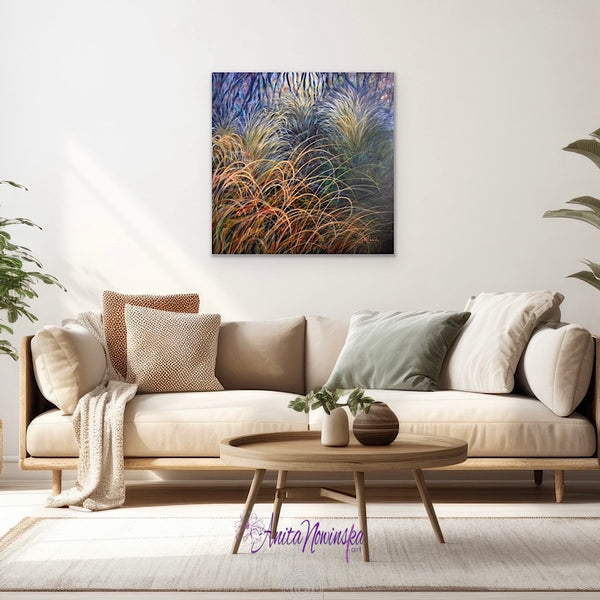 original painting of autumn grasses in a wilderness garden by anita nowinska in teal dark blue navy and green in pale interior living room decor