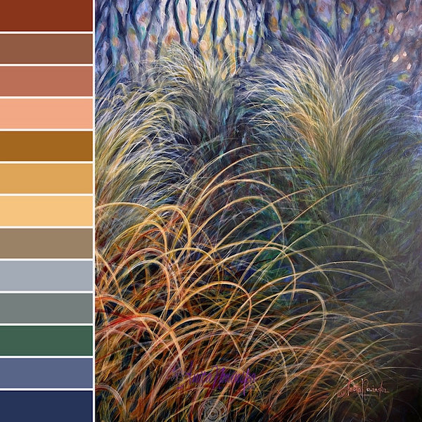 original painting of autumn grasses in a wilderness garden by anita nowinska in teal dark blue navy and green, warm colour palette